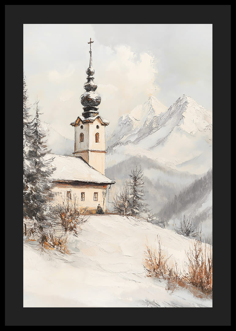 Festett tájkép téli templommal a hófödte hegyek között-12