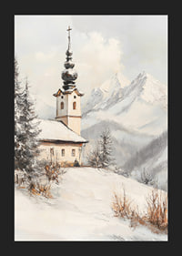 Painted landscape view with winter church among snow-covered mountains-5
