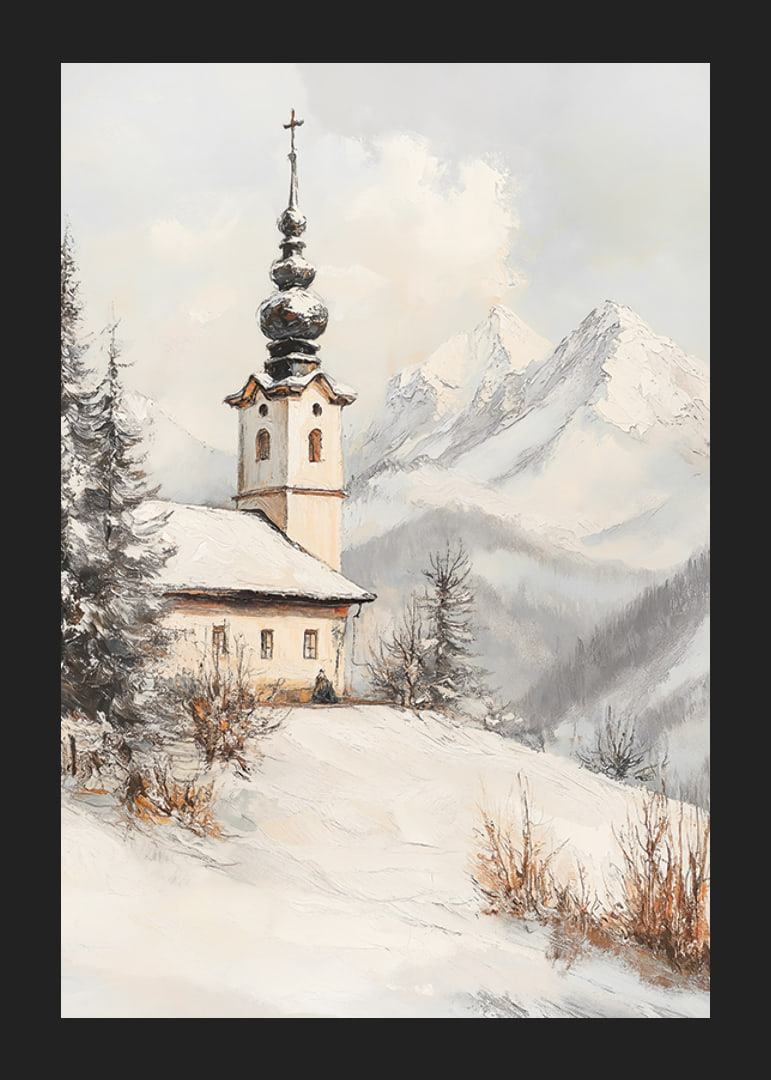 Painted landscape view with winter church among snow-covered mountains-12