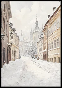 Painted city street with snow and historic buildings in winter light-6