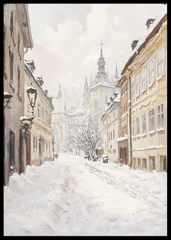 Painted city street with snow and historic buildings in winter light-12