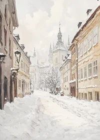 Painted city street with snow and historic buildings in winter light-7