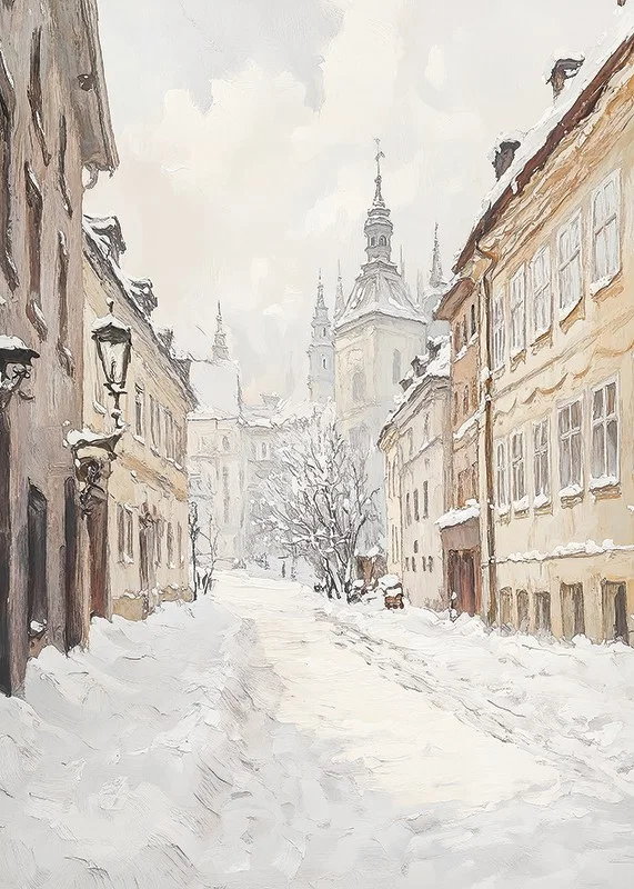 Painted city street with snow and historic buildings in winter light-12