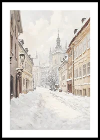 Painted city street with snow and historic buildings in winter light-0