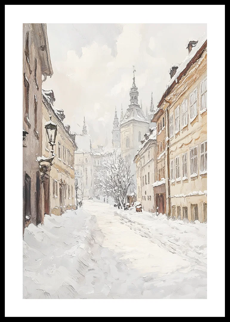 Painted city street with snow and historic buildings in winter light-12