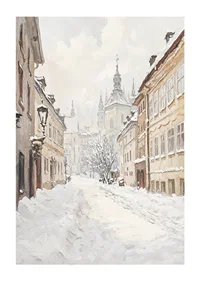 Painted city street with snow and historic buildings in winter light-1