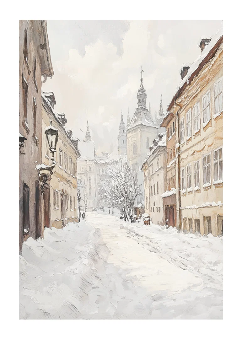 Painted city street with snow and historic buildings in winter light-12