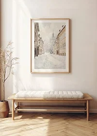 Painted city street with snow and historic buildings in winter light-8
