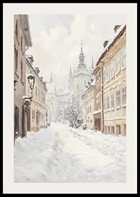 Painted city street with snow and historic buildings in winter light-2