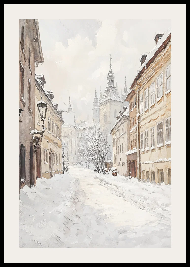 Painted city street with snow and historic buildings in winter light-12