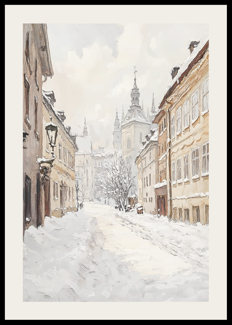 Stradă pictată a orașului cu zăpadă și clădiri istorice în lumina iernii-12