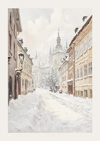Painted city street with snow and historic buildings in winter light-3