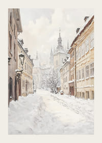 Stradă pictată a orașului cu zăpadă și clădiri istorice în lumina iernii-3