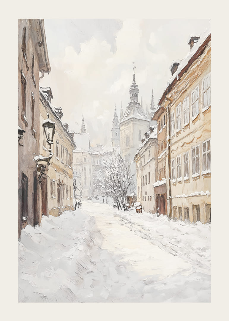 Stradă pictată a orașului cu zăpadă și clădiri istorice în lumina iernii-12