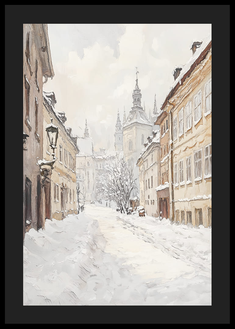 Stradă pictată a orașului cu zăpadă și clădiri istorice în lumina iernii-12