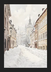Painted city street with snow and historic buildings in winter light-5