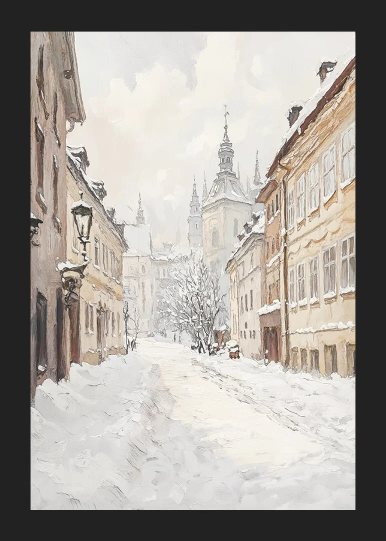 Painted city street with snow and historic buildings in winter light-12