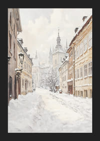 Stradă pictată a orașului cu zăpadă și clădiri istorice în lumina iernii-5