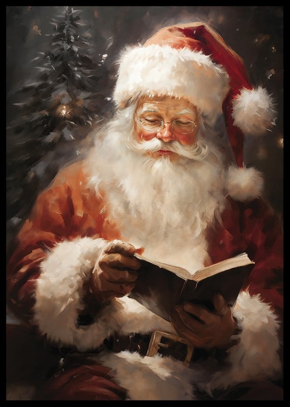 Illustrated Santa with book in front of fir tree and soft light-12