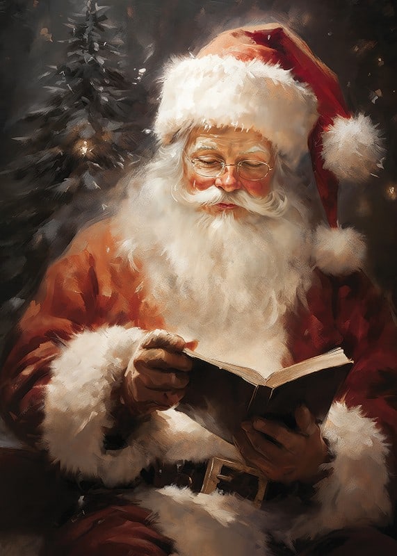 Illustrated Santa with book in front of fir tree and soft light-12