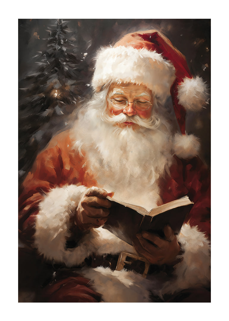 Illustrated Santa with book in front of fir tree and soft light-12