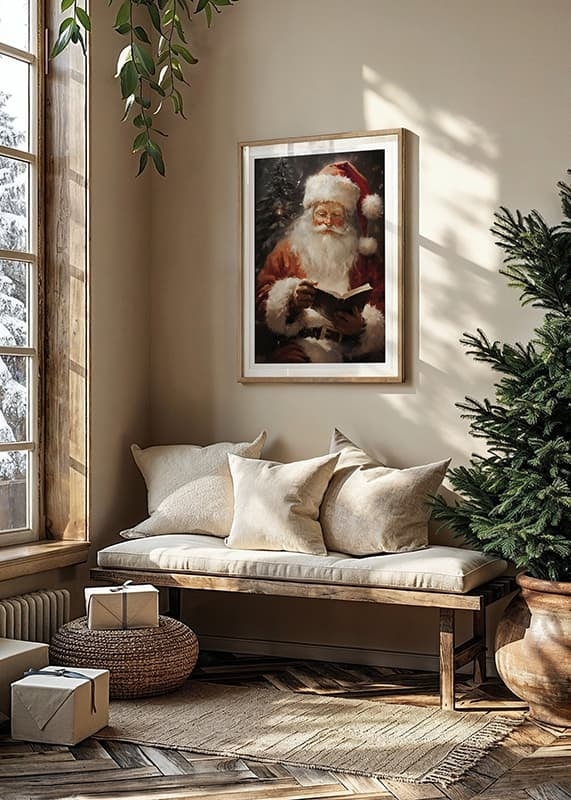 Illustrated Santa with book in front of fir tree and soft light-12