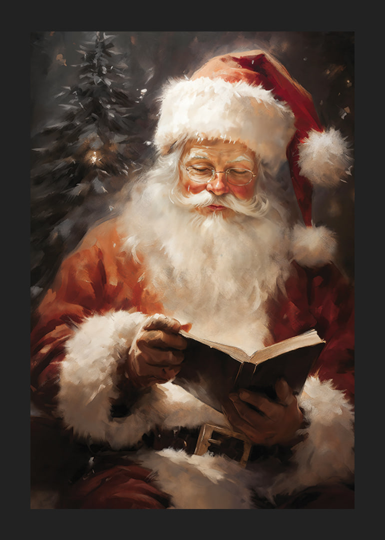 Illustrated Santa with book in front of fir tree and soft light-12