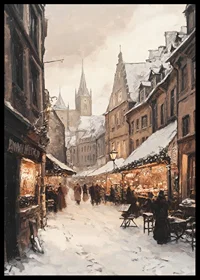 Painted winter town with Christmas market and snow-covered houses-6