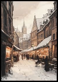 Poster with a painting of a winter market with warm lighting-2