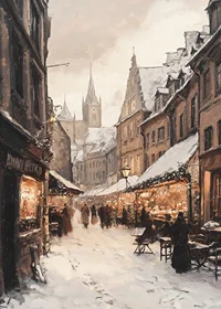 Painted winter town with Christmas market and snow-covered houses-7