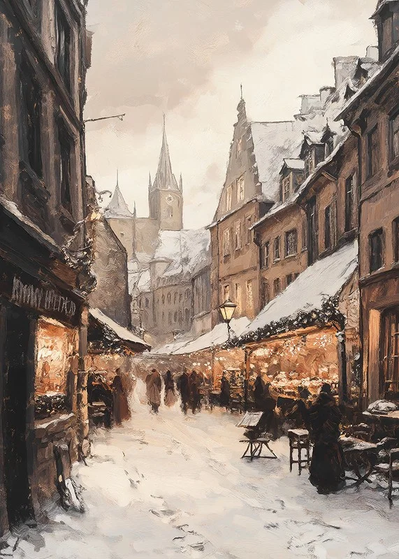 Painted winter town with Christmas market and snow-covered houses-12