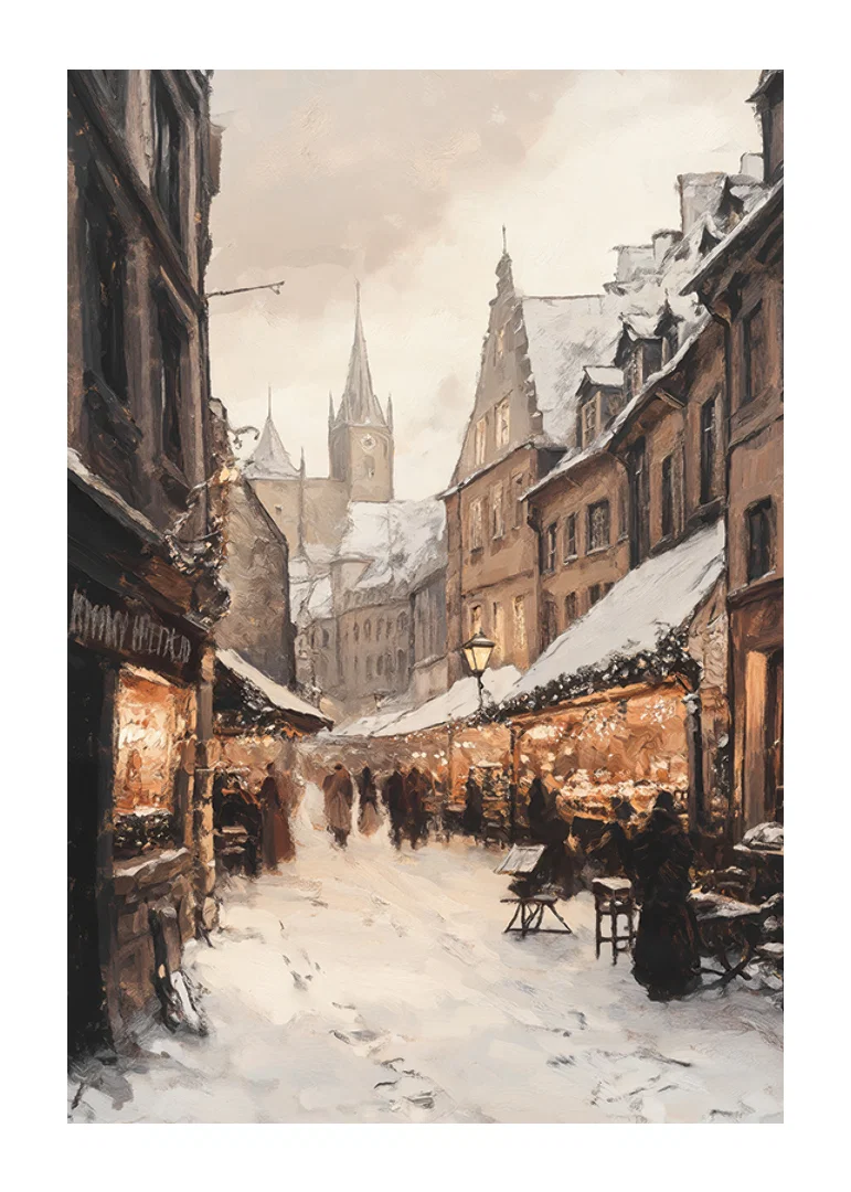Painted winter town with Christmas market and snow-covered houses-12