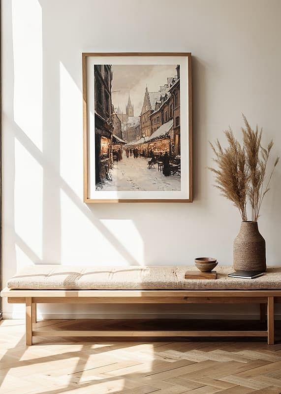 Poster with a painting of a winter market with warm lighting-12
