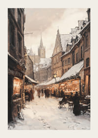 Città invernale dipinta con mercatino di Natale e case innevate-3