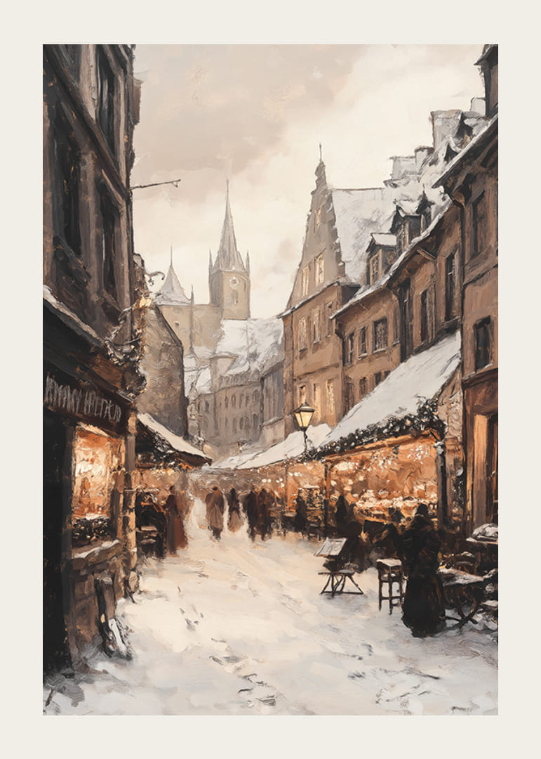 Città invernale dipinta con mercatino di Natale e case innevate-12