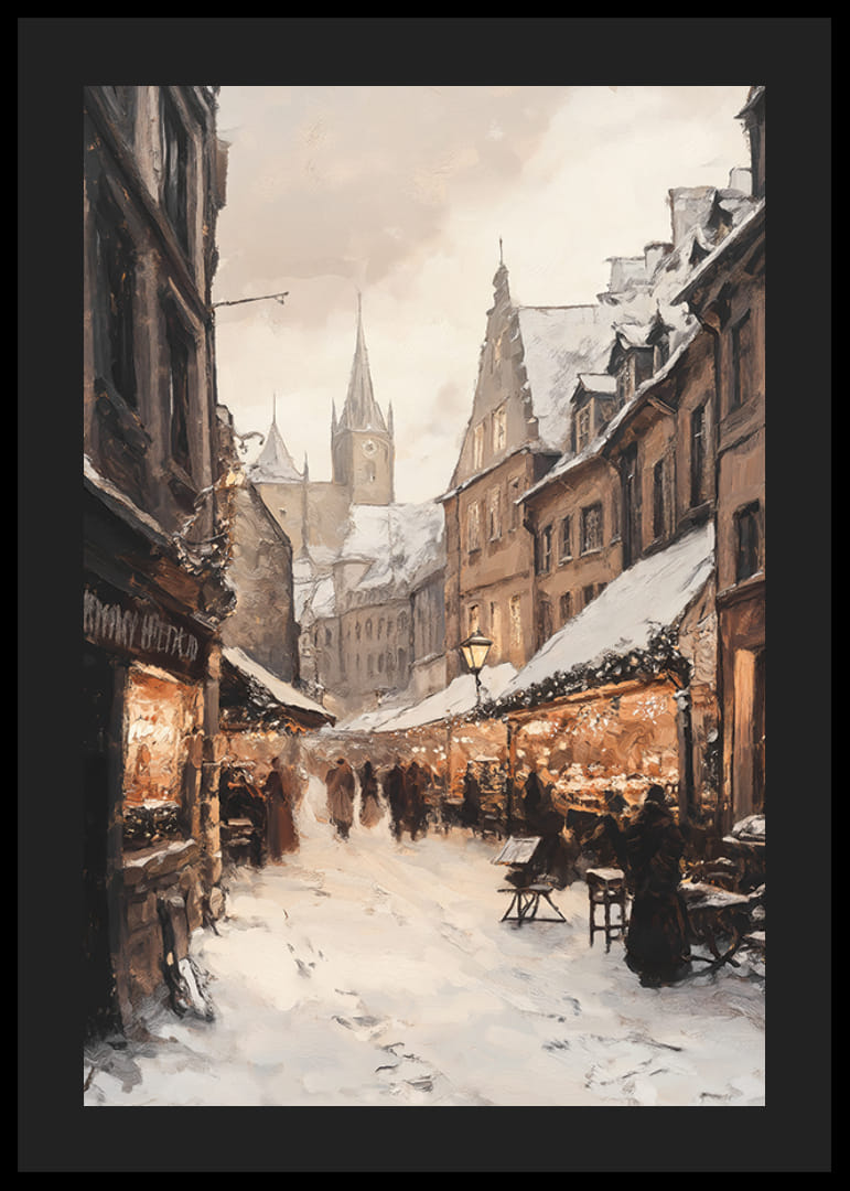 Città invernale dipinta con mercatino di Natale e case innevate-12