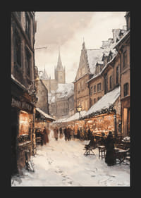 Città invernale dipinta con mercatino di Natale e case innevate-5