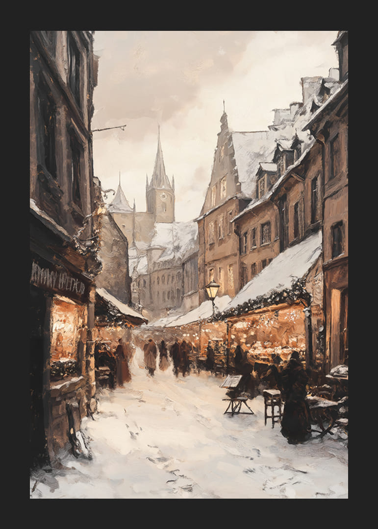 Città invernale dipinta con mercatino di Natale e case innevate-12
