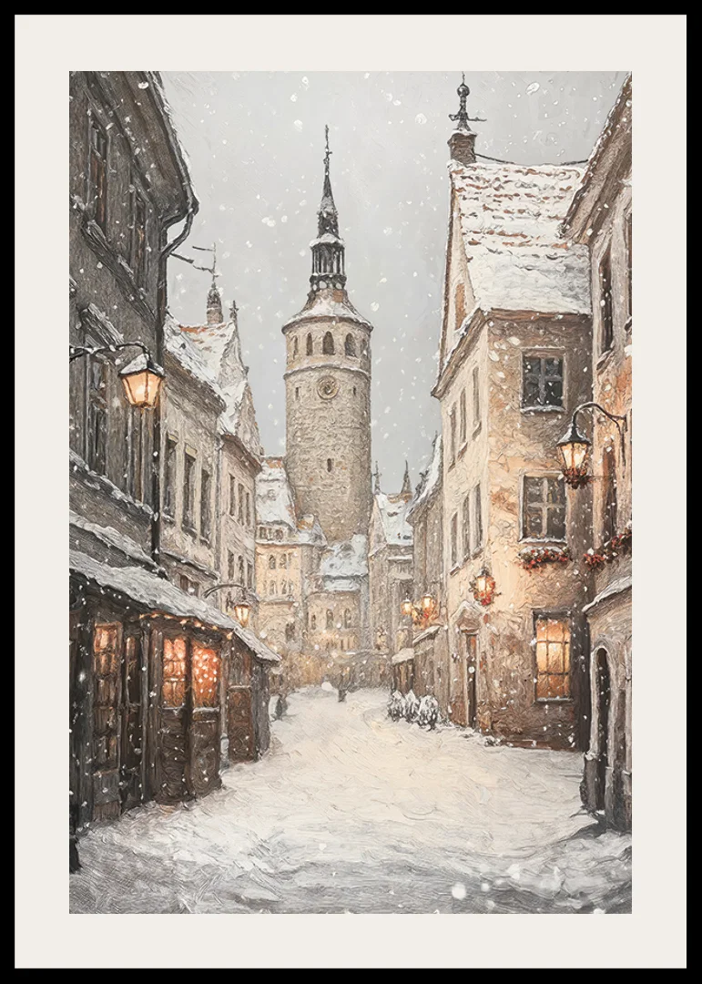 Illustrated winter street in medieval town with snowfall-12