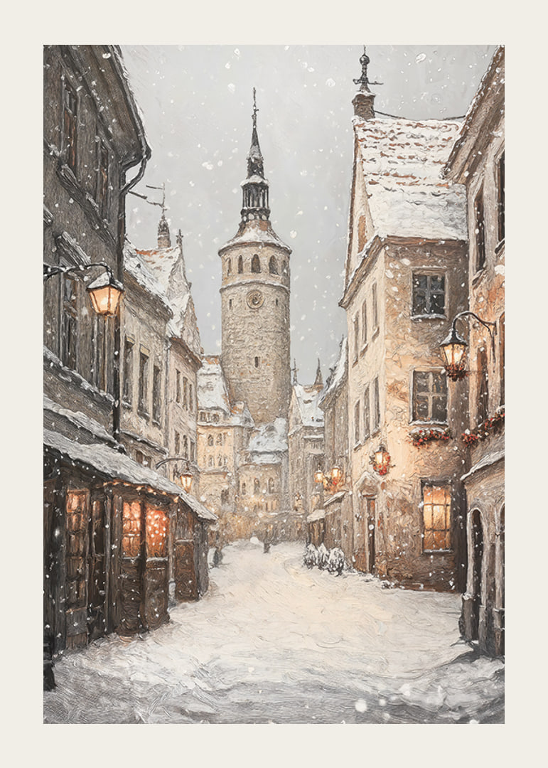 Ilustrēta ziemas iela viduslaiku pilsētā ar sniegputeni-12