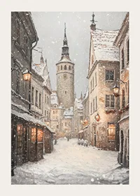Illustrated winter street in medieval town with snowfall-3
