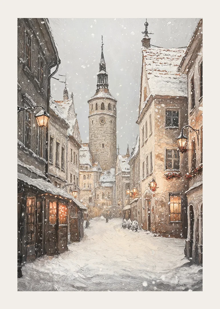 Illustrated winter street in medieval town with snowfall-12
