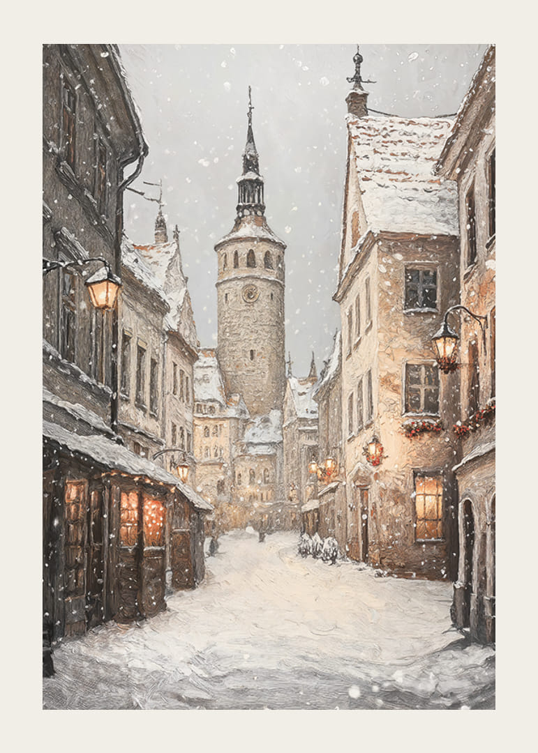 Illustrert vintergate i middelalderby med snøfall-12