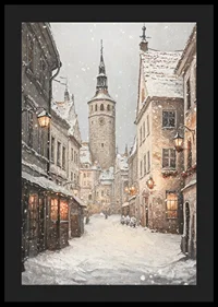Illustrated winter street in medieval town with snowfall-4