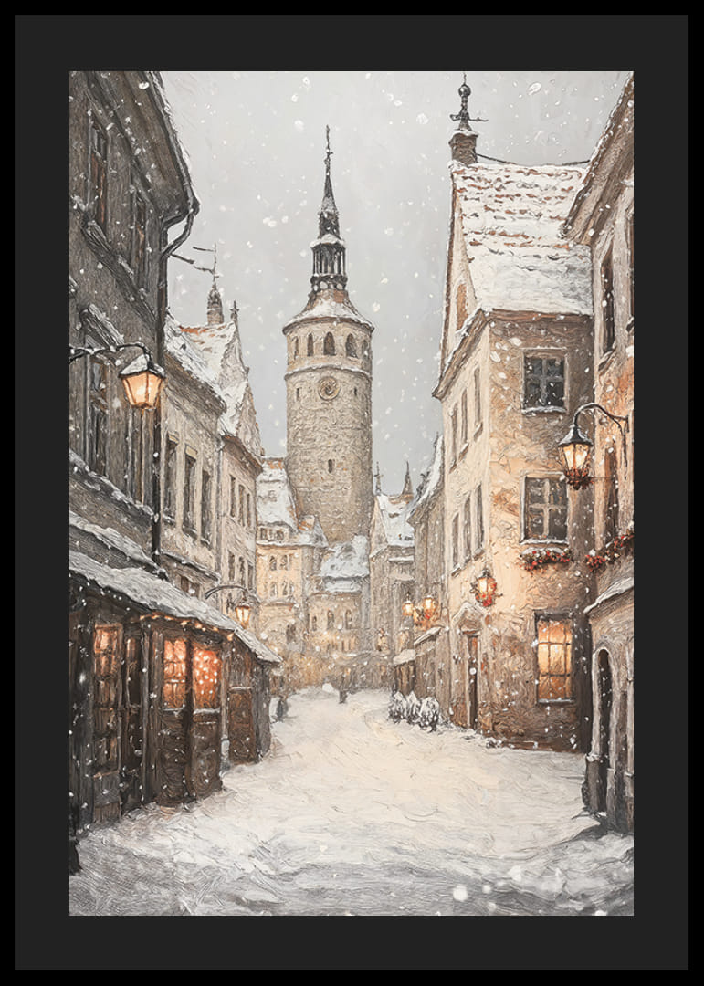 Illustrert vintergate i middelalderby med snøfall-12