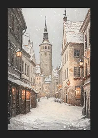 Illustrated winter street in medieval town with snowfall-5