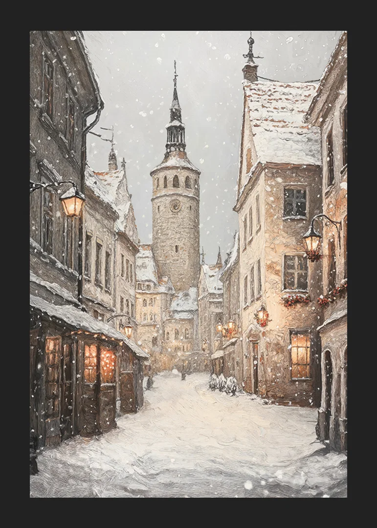 Illustrated winter street in medieval town with snowfall-12