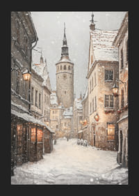 Illustrert vintergate i middelalderby med snøfall-5