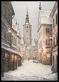 Ilustrēta ziemas iela viduslaiku pilsētā ar sniegputeni-6