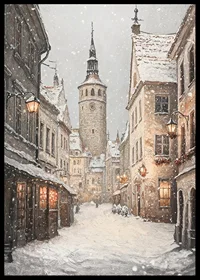 Illustrated winter street in medieval town with snowfall-6